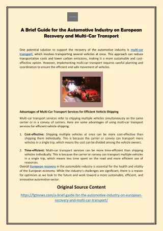 A Brief Guide for the Automotive Industry on European Recovery and Multi-Car Transport