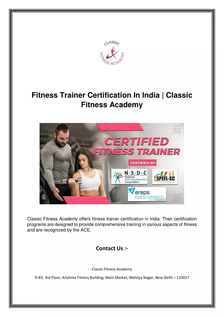 fitness trainer certification in india classic