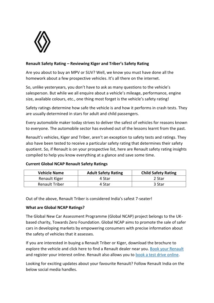 renault safety rating reviewing kiger and triber