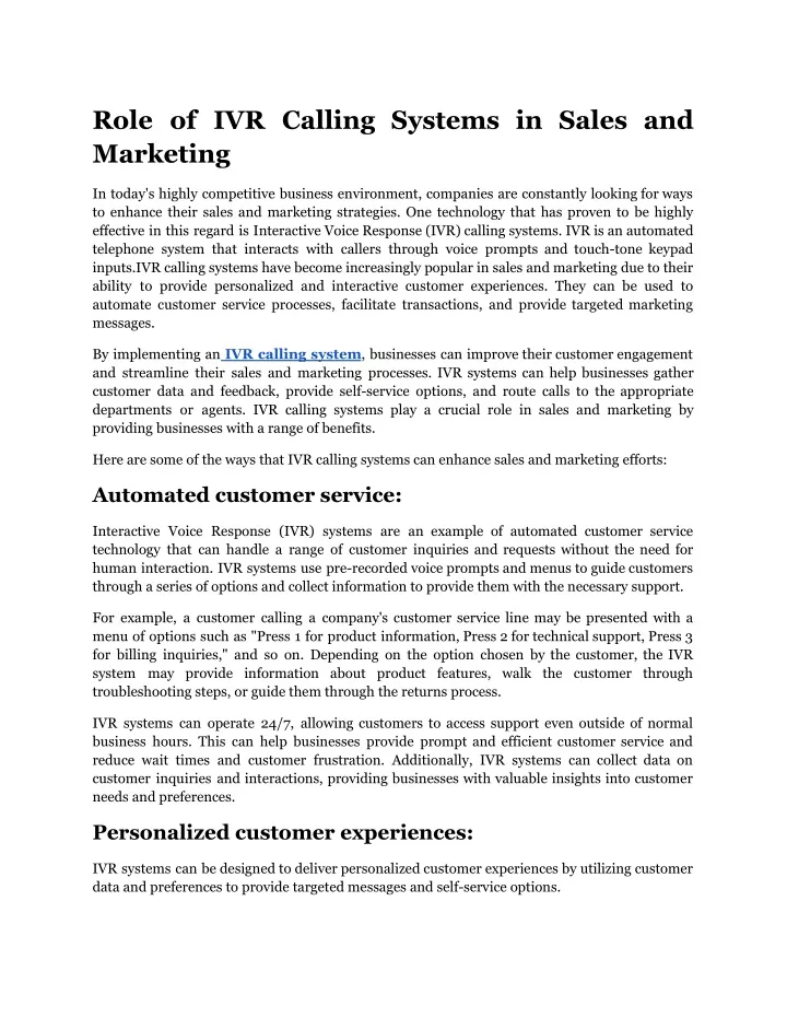 role of ivr calling systems in sales and marketing