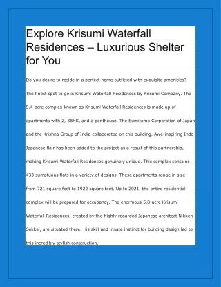Explore Krisumi Waterfall Residences – Luxurious Shelter for You