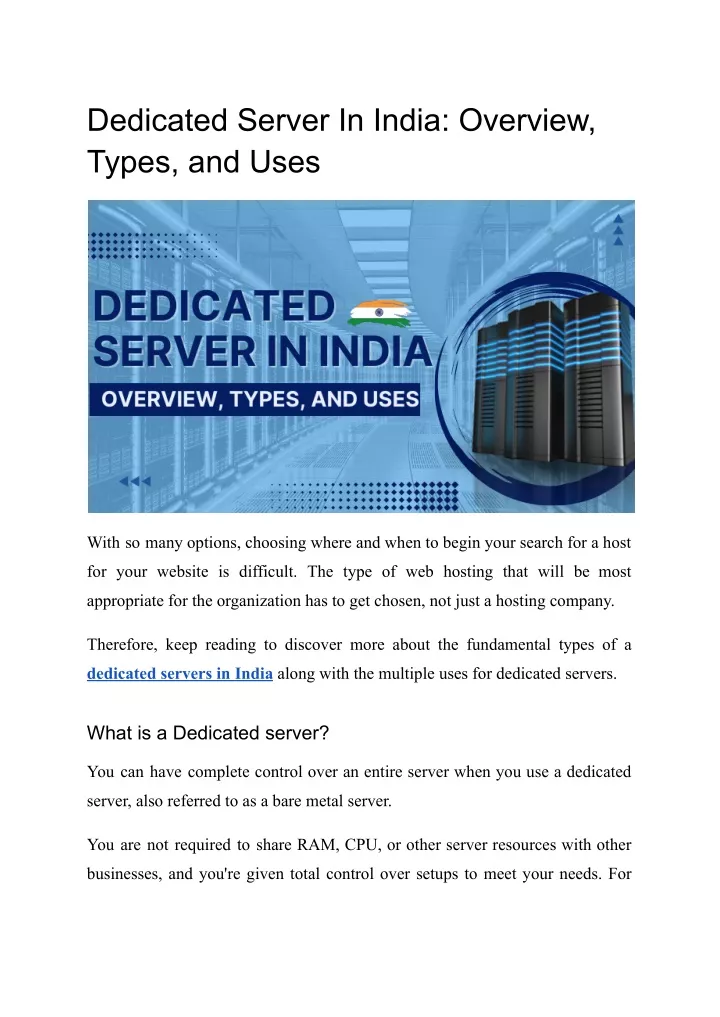 dedicated server in india overview types and uses