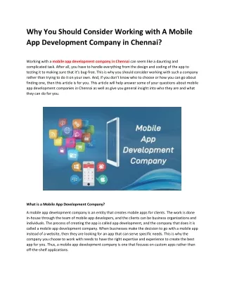 Why You Should Consider Working with A Mobile App Development Company in Chennai
