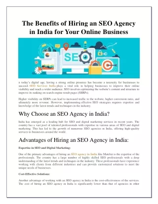 The Benefits of Hiring an SEO Agency in India for Your Online Business