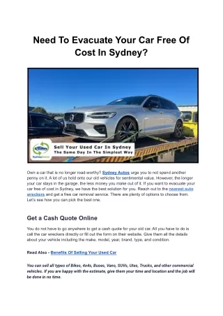 Need To Evacuate Your Car Free Of Cost In Sydney