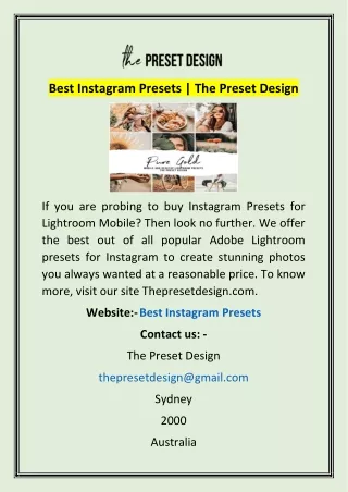 Best Instagram Presets | The Preset Design