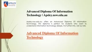 Advanced Diploma Of Information Technology  Apsley.nsw.edu.au