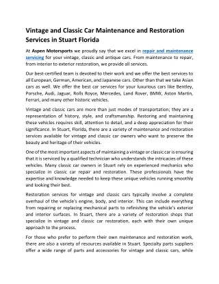 VINTAGE AND CLASSIC CAR MAINTENANCE AND RESTORATION SERVICES IN Stuart FLORIDA