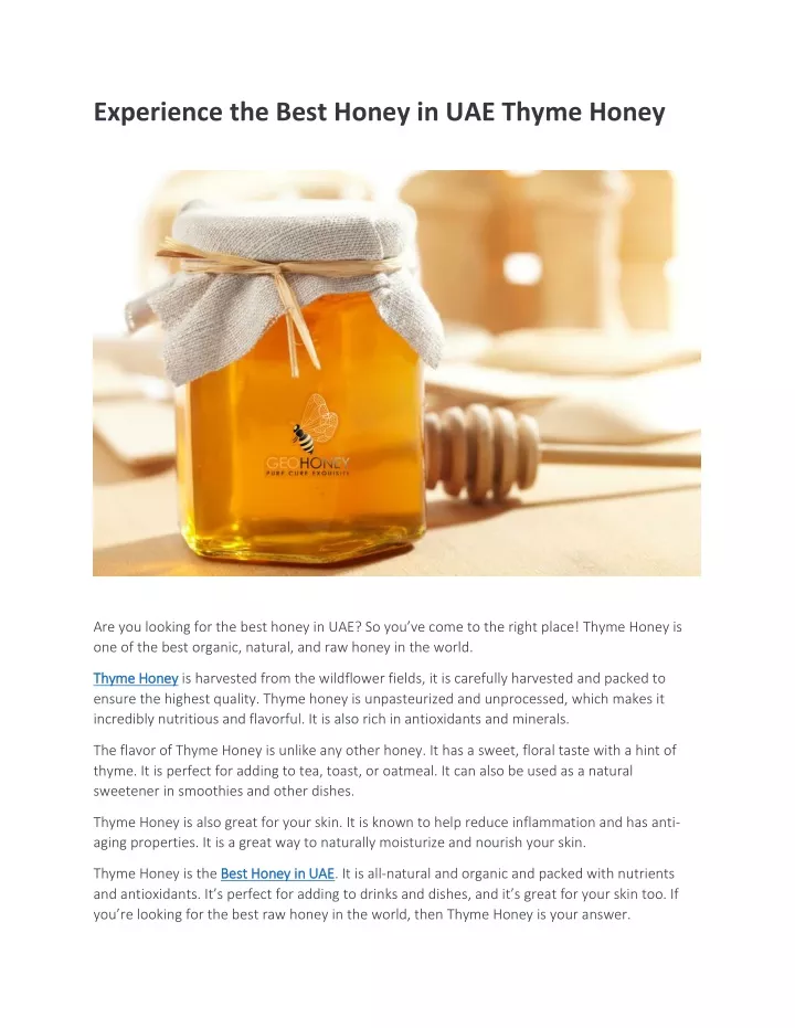 experience the best honey in uae thyme honey