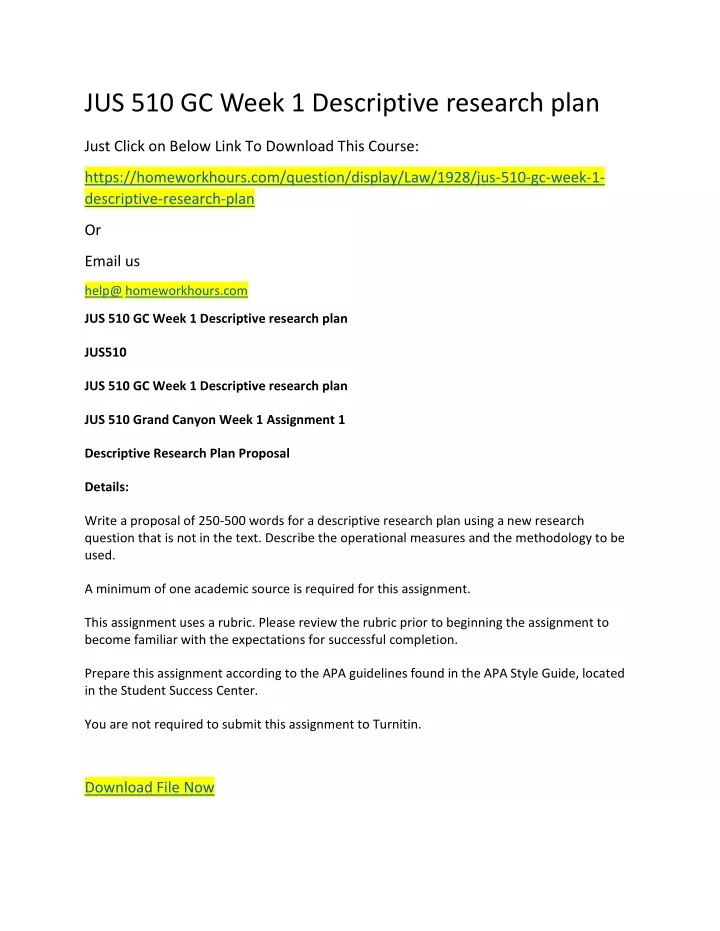 jus 510 gc week 1 descriptive research plan