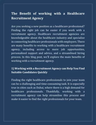 The Benefit of working with a Healthcare Recruitment Agency