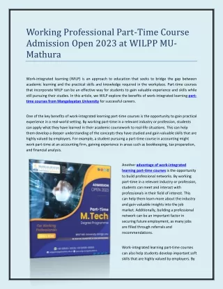 Part-Time Working Professional Course Admission Open 2023 at WILP MU- Mathura