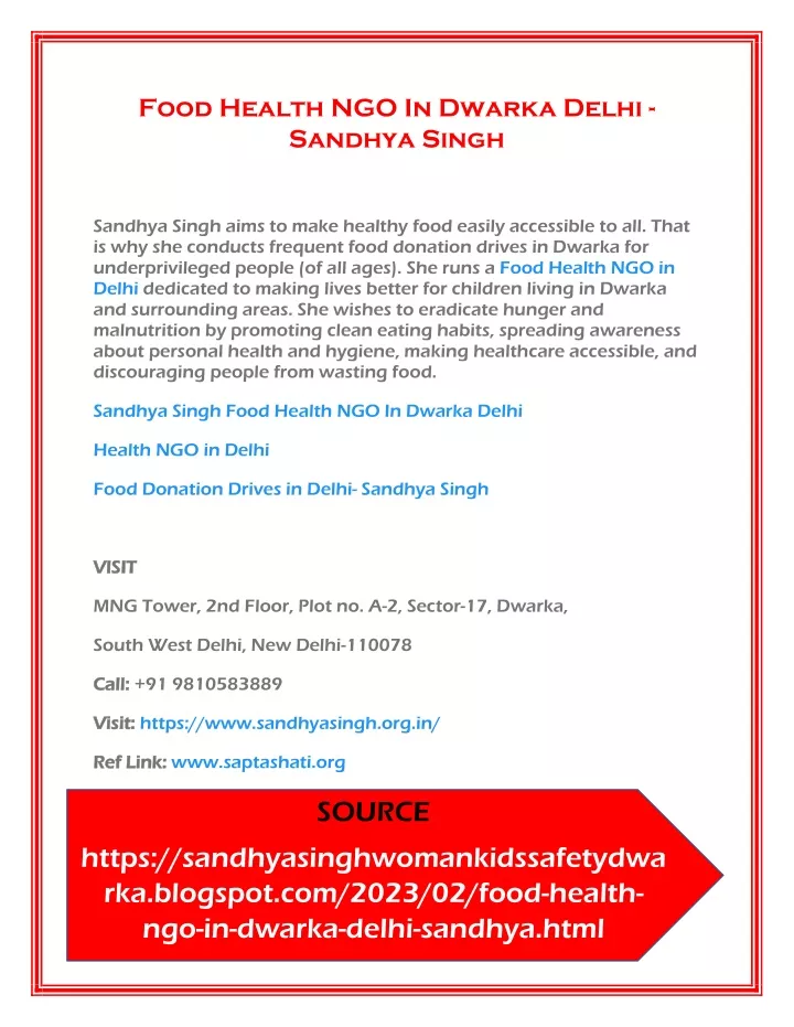 food health ngo in dwarka delhi sandhya singh