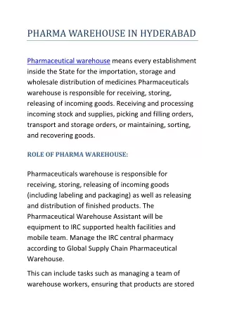 PHARMA WAREHOUSE IN HYDERABAD