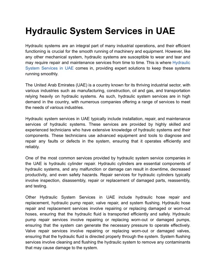 hydraulic system services in uae