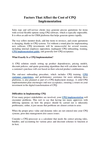 factors that affect the cost of cpq implementation