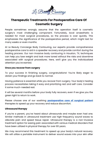 Therapeutic Treatments for Postoperative Care of Cosmetic Surgery
