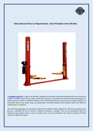 Take Control of Your Car Repair Needs - Get A Portable 2 Post Lift Now