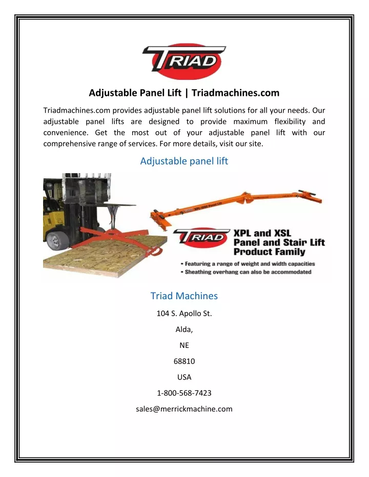 adjustable panel lift triadmachines com