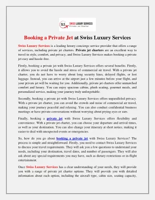 Booking a Private Jet at Swiss Luxury Services
