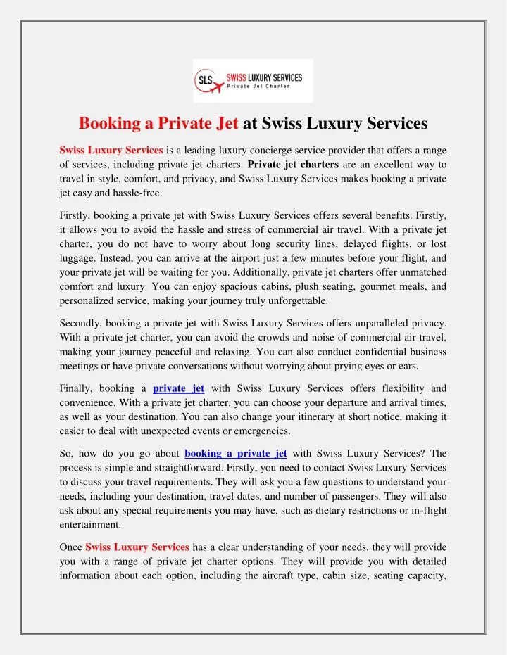 booking a private jet at swiss luxury services