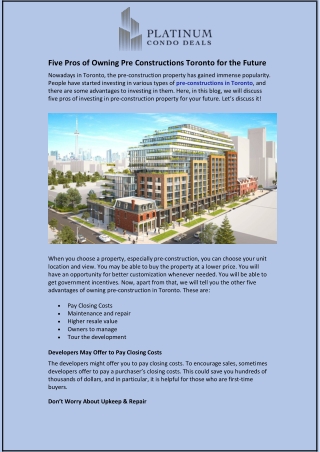 five pros of owning pre constructions toronto