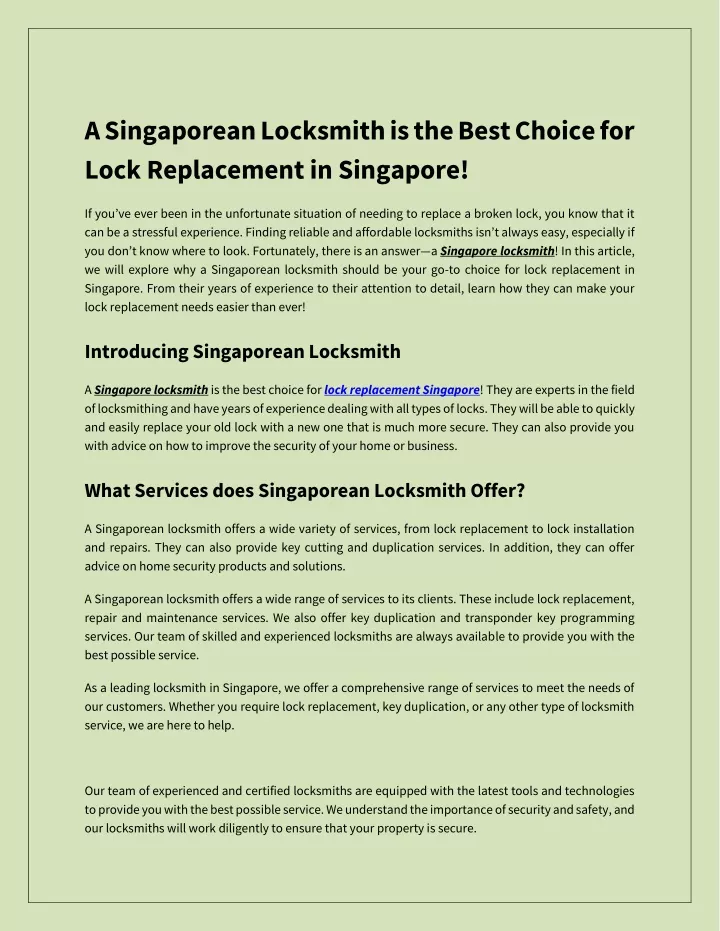 a singaporean locksmith is the best choice