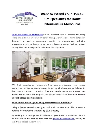 Want to Extend Your Home - Hire Specialists for Home Extensions in Melbourne