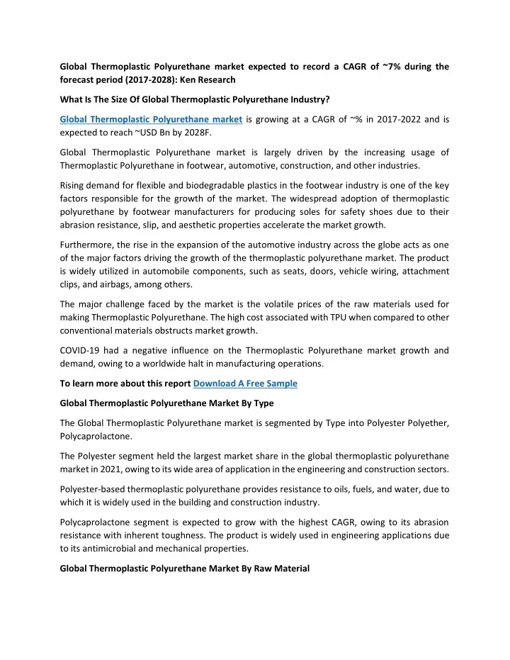 global thermoplastic polyurethane market expected