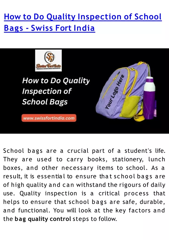 how to do quality inspection of school bags swiss fort india