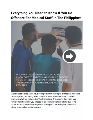 Everything You Need to Know If You Go Offshore For Medical Staff In The Philippines