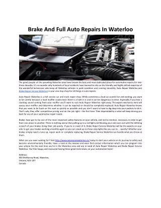 Brake And Full Auto Repairs In Waterloo