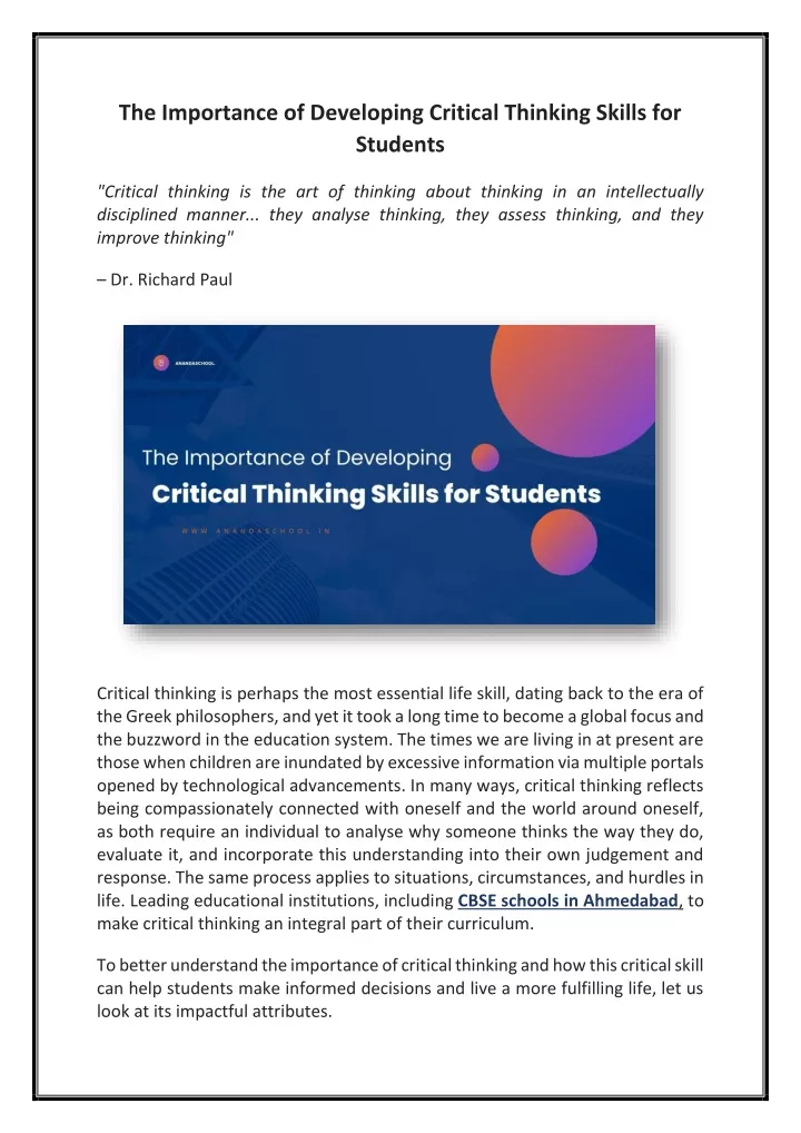 PPT - The Importance Of Developing Critical Thinking Skills For ...