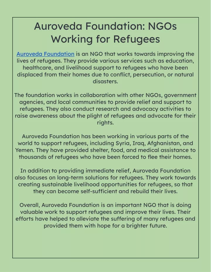 auroveda foundation ngos working for refugees