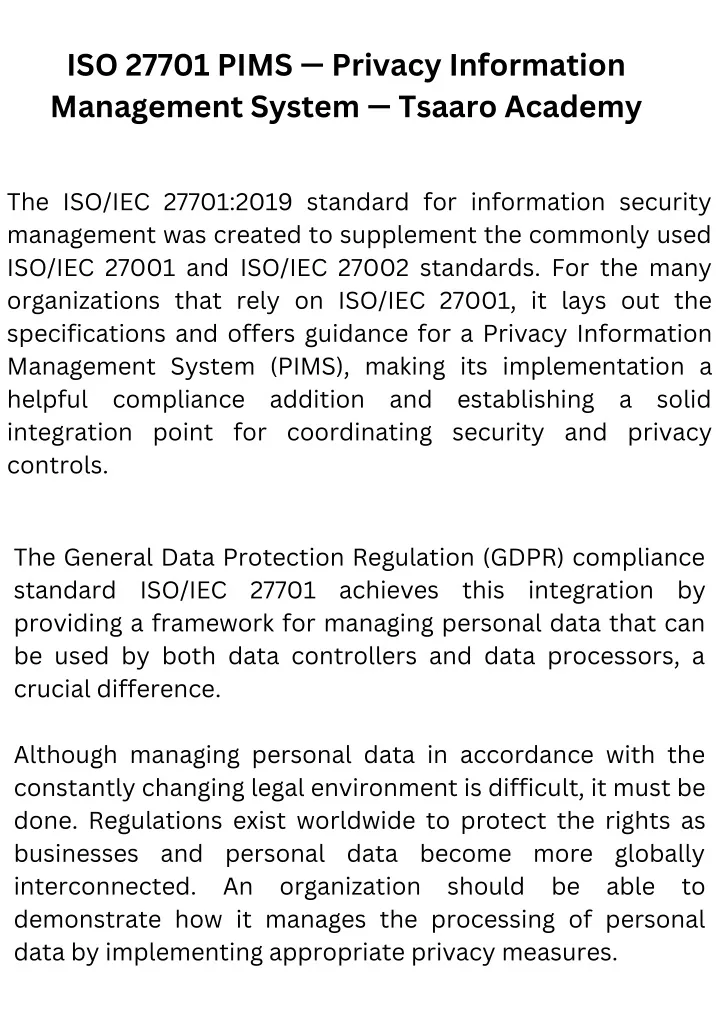 iso 27701 pims privacy information management