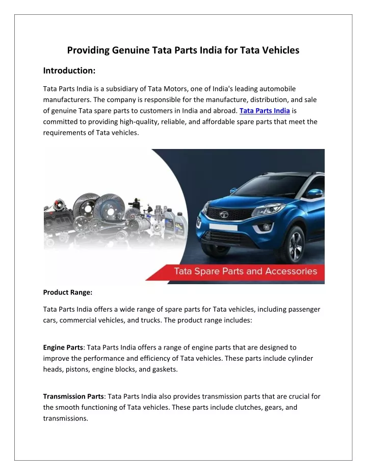 providing genuine tata parts india for tata