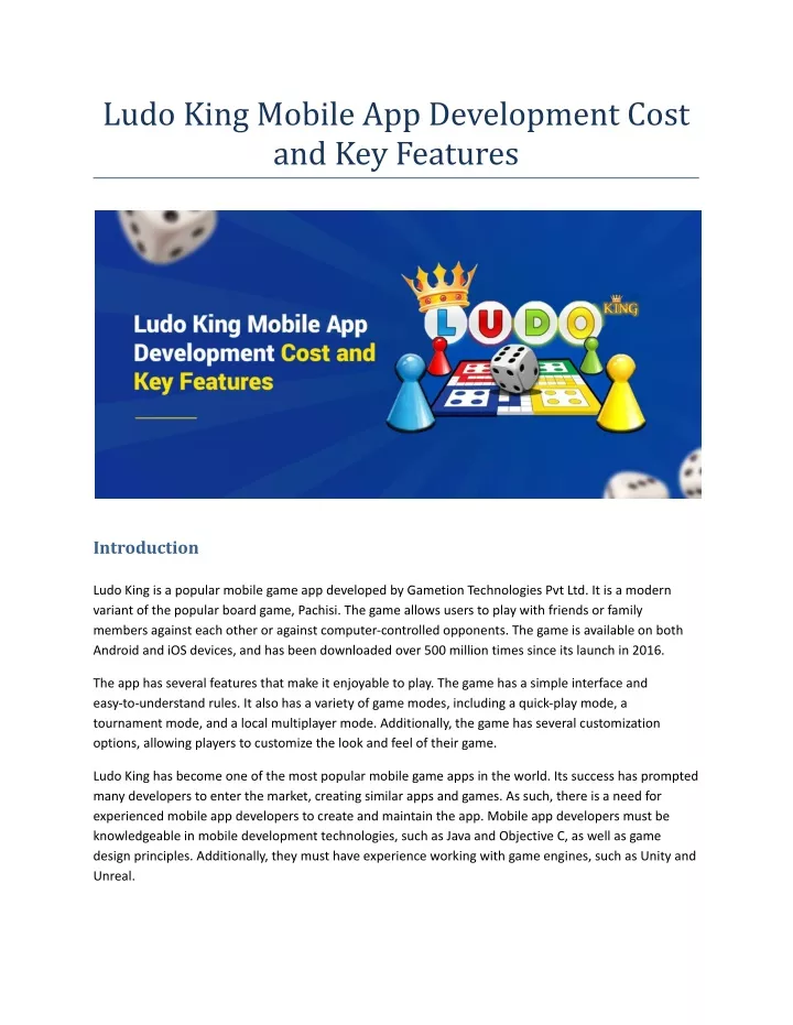 ludo king mobile app development cost
