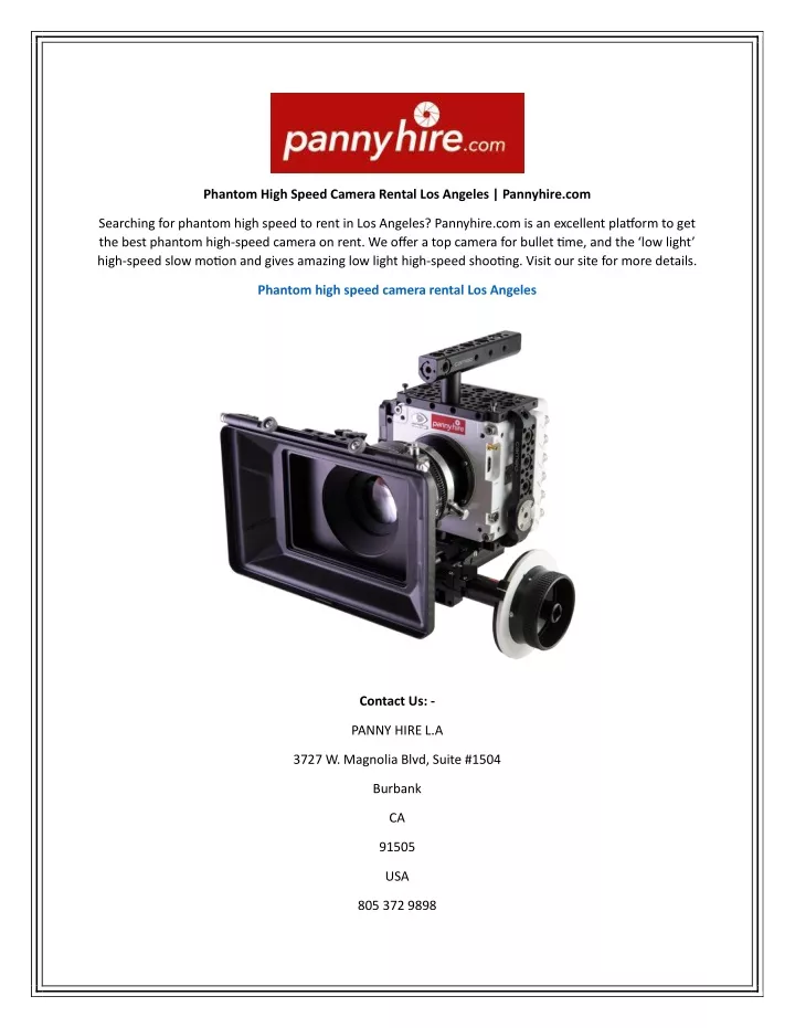 phantom high speed camera rental los angeles