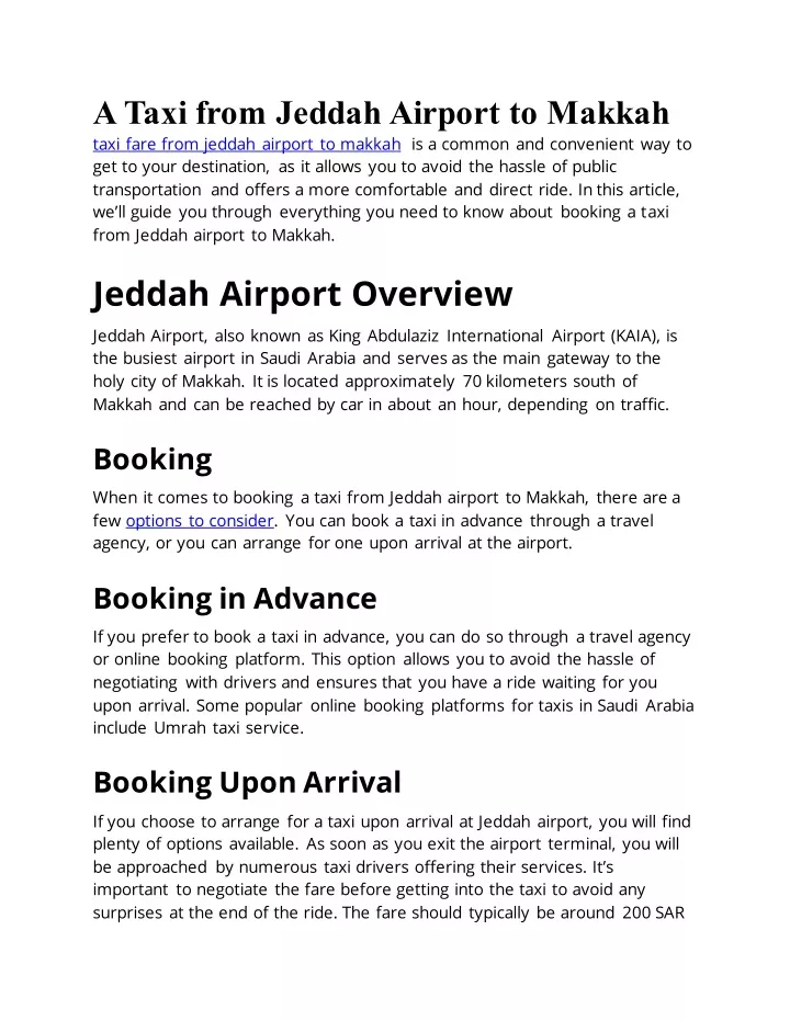 a taxi from jeddah airport to makkah taxi fare