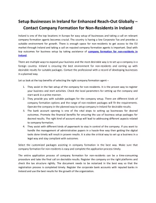 Setup Businesses in Ireland for Enhanced Reach-Out Globally – Contact Company Formation for Non-Residents in Ireland