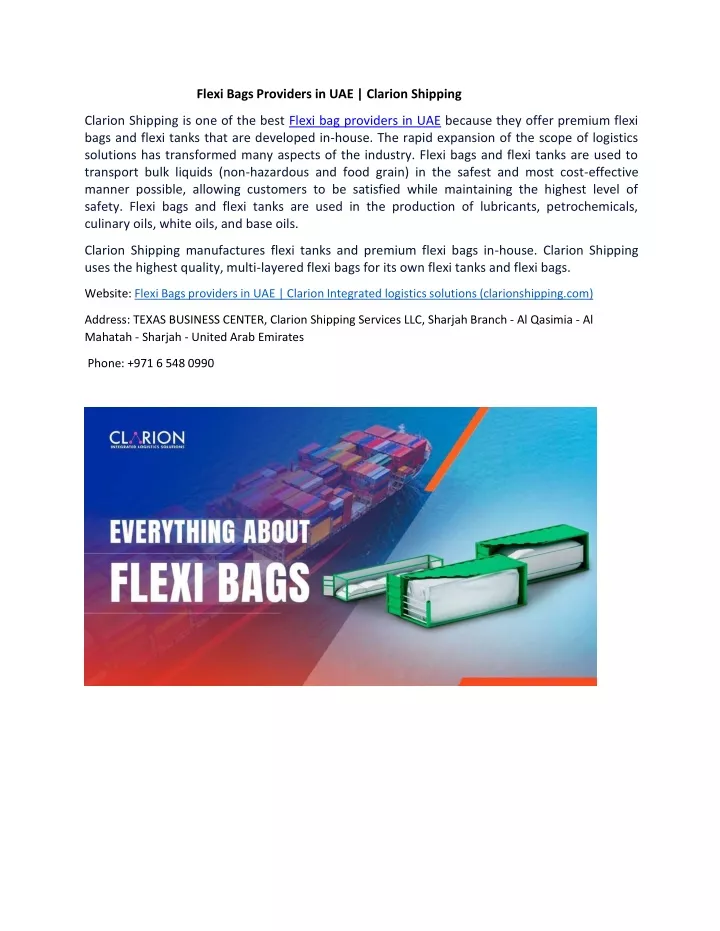 flexi bags providers in uae clarion shipping