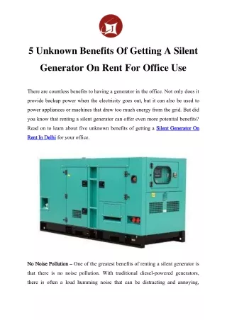 Silent Generator On Rent In Delhi Call-9810679523