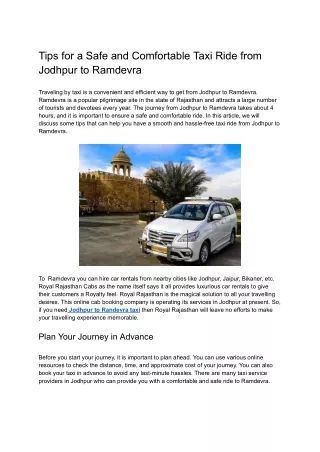 Tips for a Safe and Comfortable Taxi Ride from Jodhpur to Ramdevra