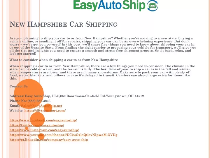 new hampshire car shipping