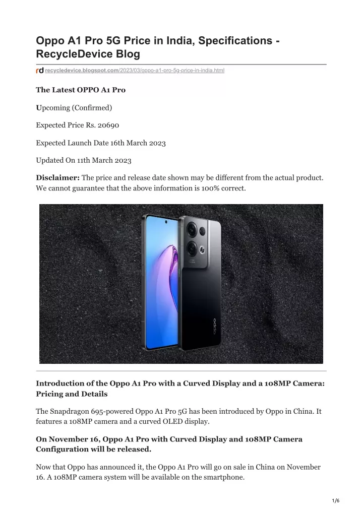 oppo a1 pro 5g price in india specifications