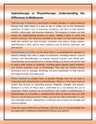 Hydrotherapy vs Physiotherapy Understanding the Difference in Melbourne