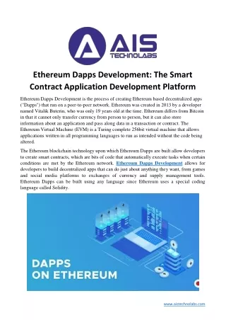 Ethereum Dapps Development- The Smart Contract Application Development Platform