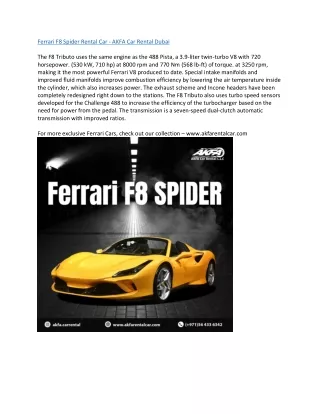 Ferrari F8 Spider Rental Car - AKFA Car Rental Dubai