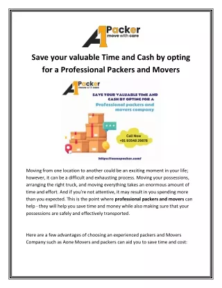 Save your valuable Time and Cash by opting for a Professional Packers and Movers