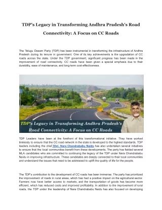 TDP's Legacy in Transforming Andhra Pradesh's Road Connectivity: A Focus on CC R